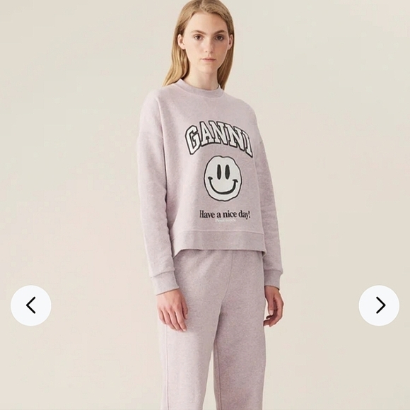 Ganni Isoli smiley face drop shoulder crewneck sweatshirt lilac XS NWOT - Picture 2 of 10